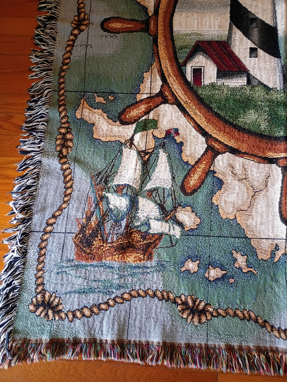 Nautical Lighthouse Woven Tapestry Throw Blanket Vintage 90s Coastal 66